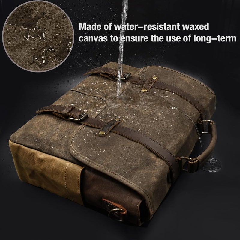 NEWHEY Mens Messenger Bag 15.6 Inch Waterproof Vintage Genuine Leather Waxed Canvas Briefcase Large Leather Computer Laptop Bag Rugged Satchel Shoulder Bag, Coffee - Image 2